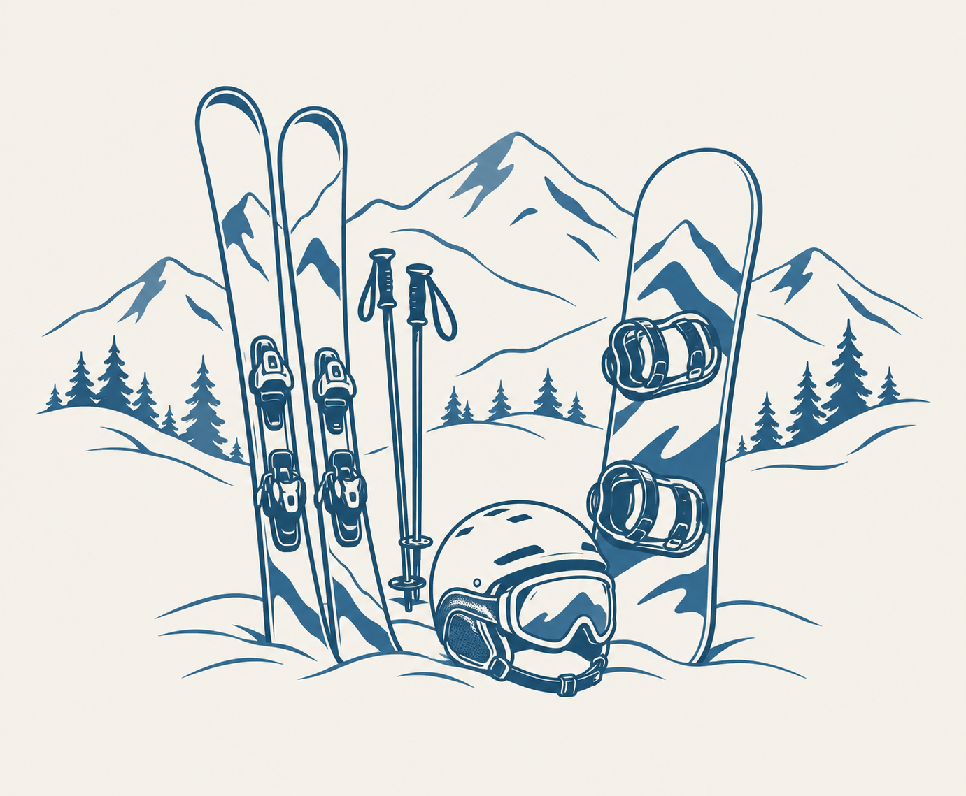 About dağlar önünde kayak, snowboard ve kask