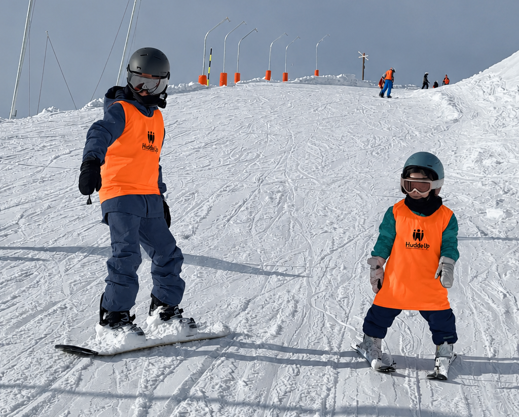 Services karlı yamaçta iki turuncu önlüklü snowboardcu